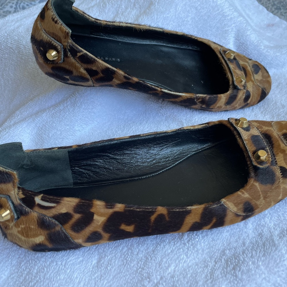 Balenciaga brown pony hair animal print studded ballet flats